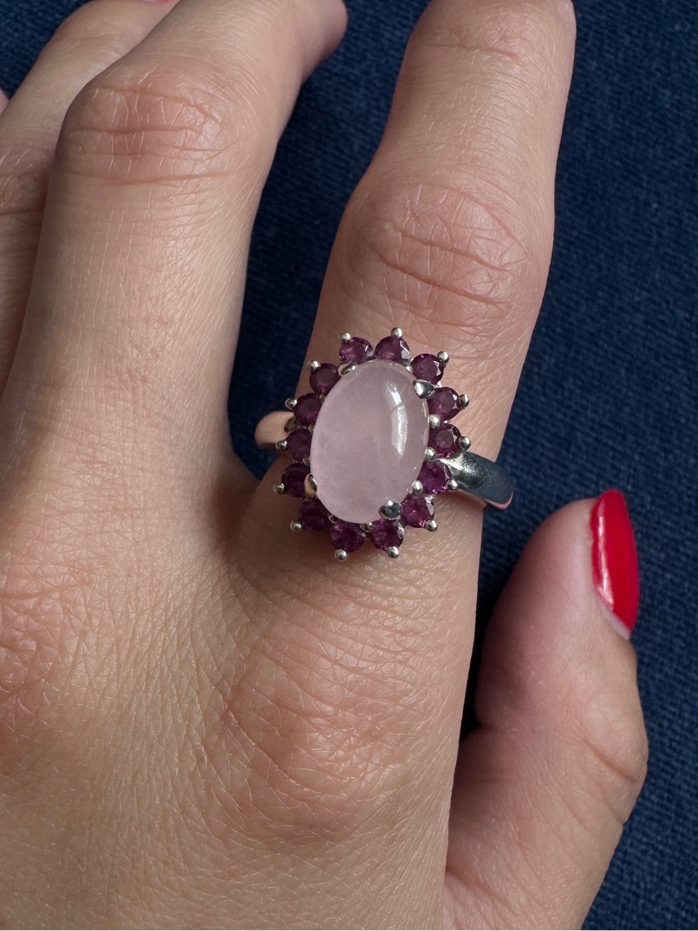 Vintage 925 Sterling Silver Rose Quartz‎ Cabochon And Pink Sapphire Ring Size 7